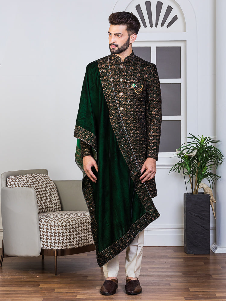 Green Velvet Embroidered Sherwani Set with Dupatta