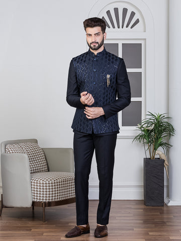 Navy Safari Waist Coat Set with Embroidered Jacket