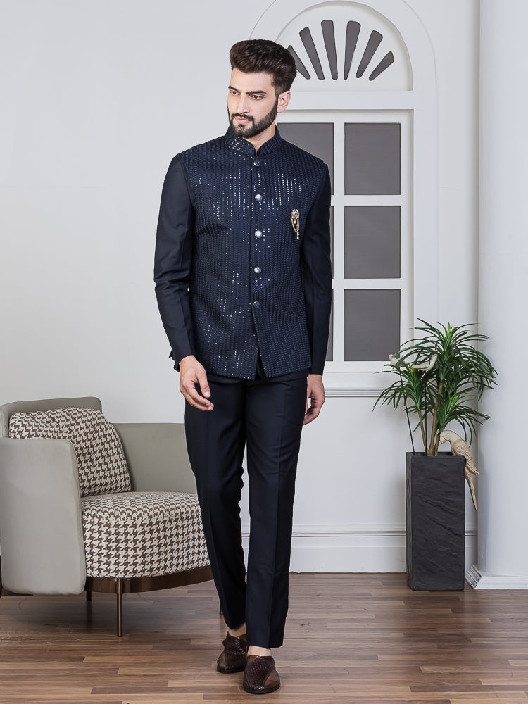 Navy Safari Waist Coat Set with Embroidered Jacket