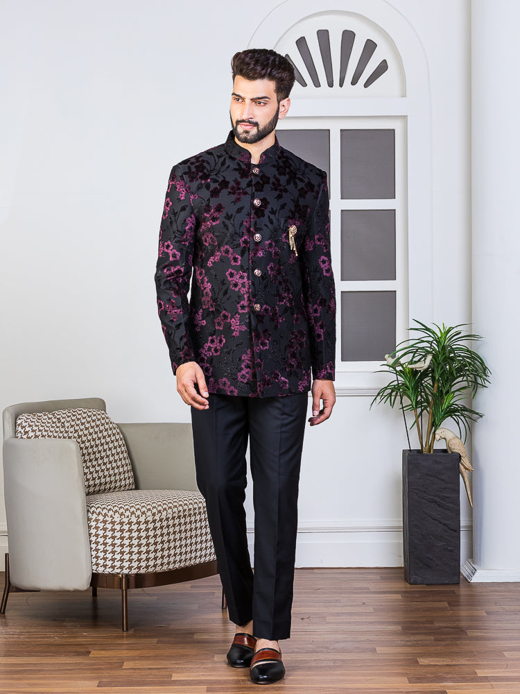Wine Burnt Out Velvet Embroidered Bandhgala Set with Formal Trouser