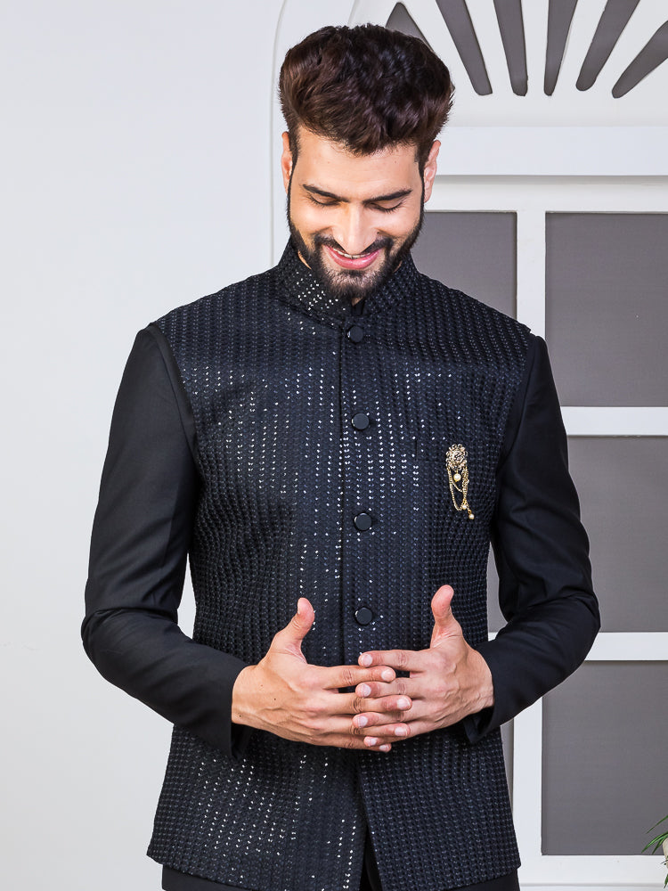 Black Safari Waist Coat Set with Embroidered Jacket