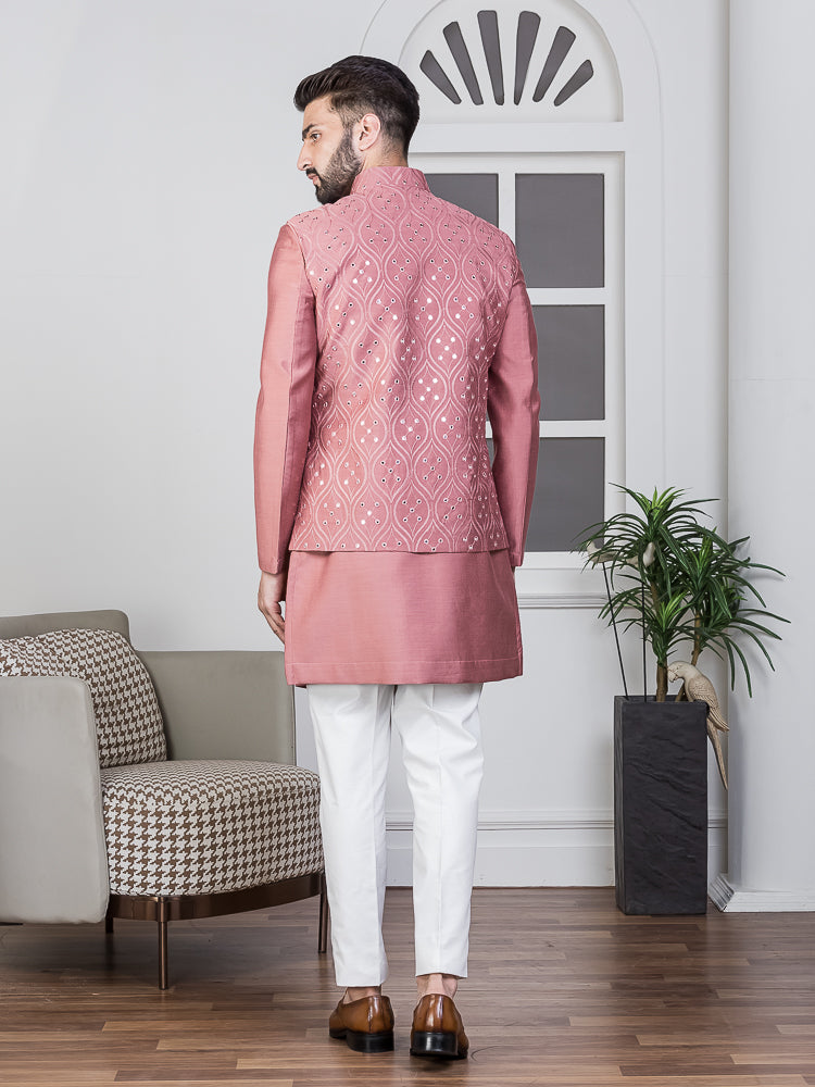 Dark Pink Embroidered Nehru Jacket Set