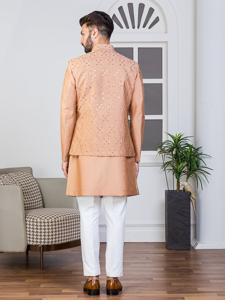 Rust Embroidered Nehru Jacket Set