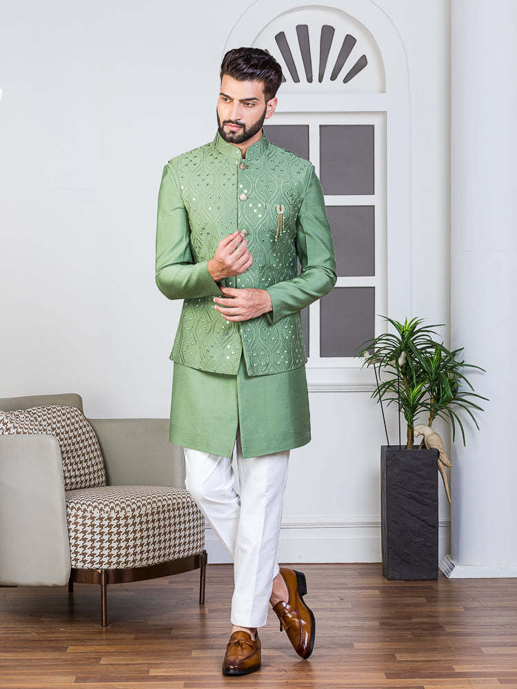 Green Embroidered Nehru Jacket Set