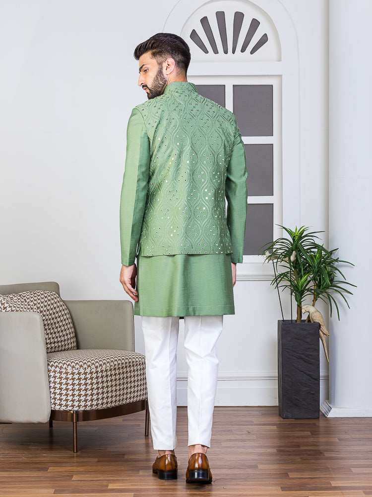 Green Embroidered Nehru Jacket Set