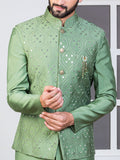 Green Embroidered Nehru Jacket Set