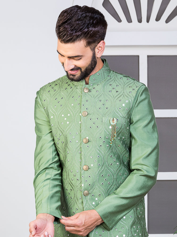 Green Embroidered Nehru Jacket Set