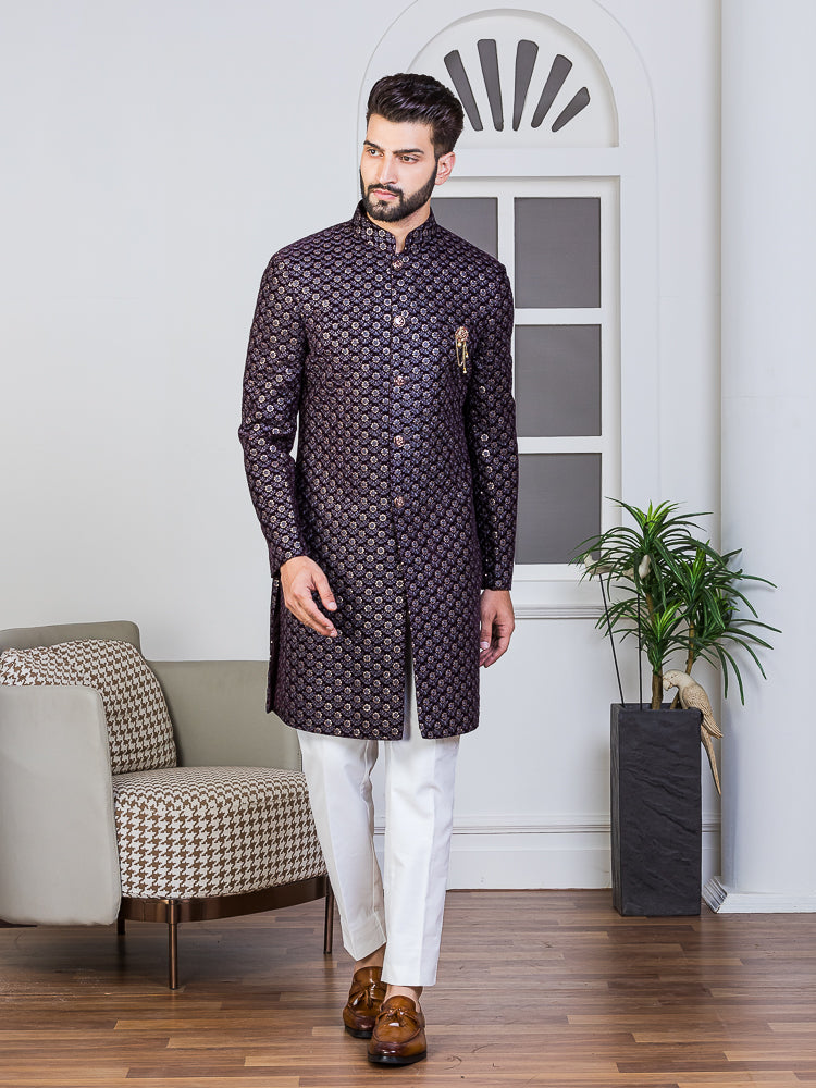 Wine Embroidered Sherwani Set