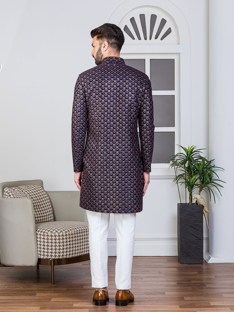 Wine Embroidered Sherwani Set