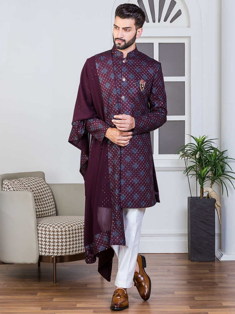 Wine Embroidered Sherwani Set with Dupatta