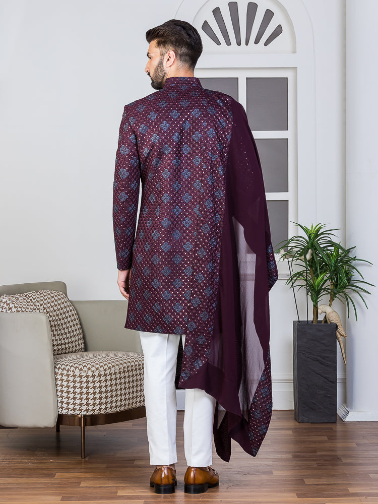 Wine Embroidered Sherwani Set with Dupatta