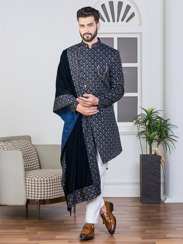 Grey Velvet Embroidered Sherwani Set with Dupatta