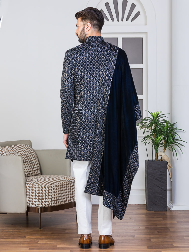 Grey Velvet Embroidered Sherwani Set with Dupatta