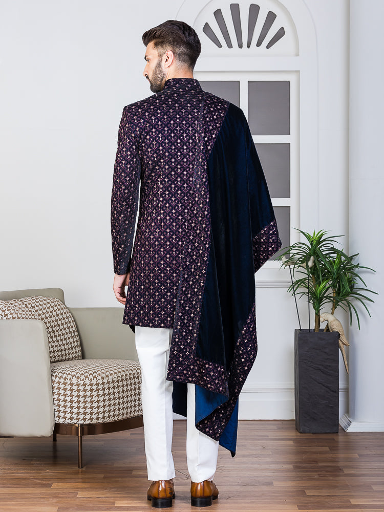 Wine Velvet Embroidered Sherwani Set with Dupatta