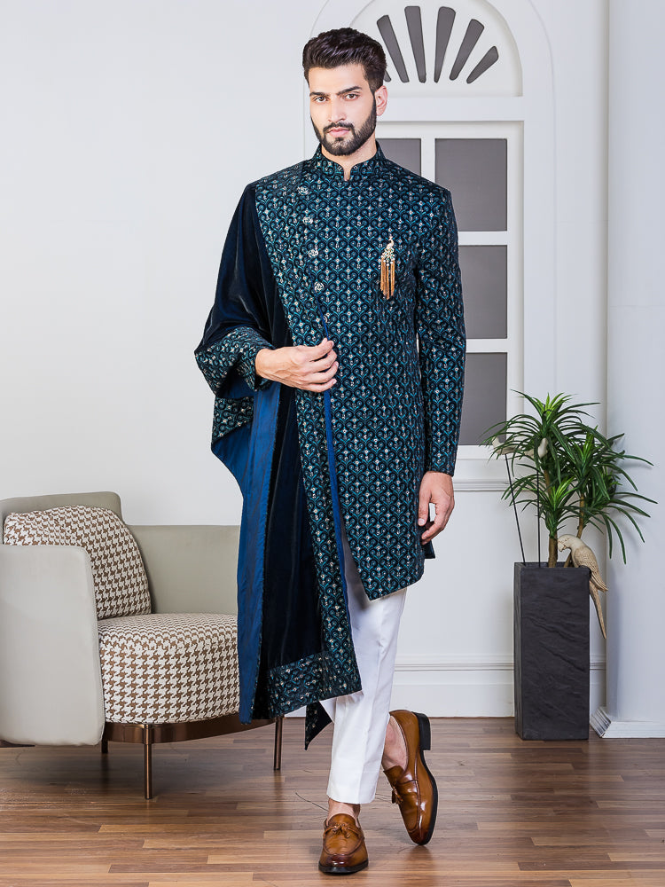 Ferozi Velvet Embroidered Sherwani Set with Dupatta