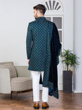 Ferozi Velvet Embroidered Sherwani Set with Dupatta