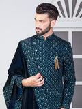 Ferozi Velvet Embroidered Sherwani Set with Dupatta