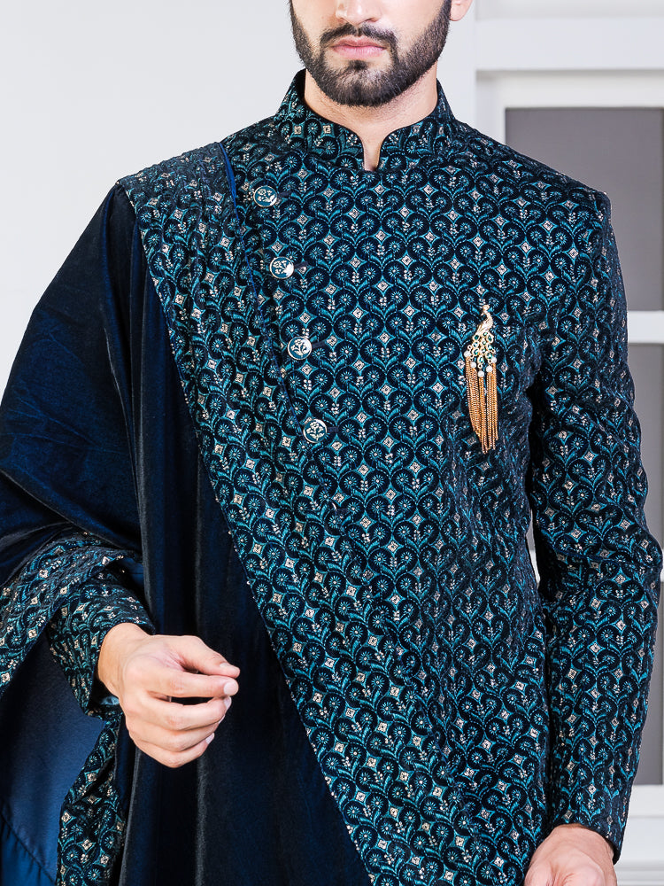 Ferozi Velvet Embroidered Sherwani Set with Dupatta