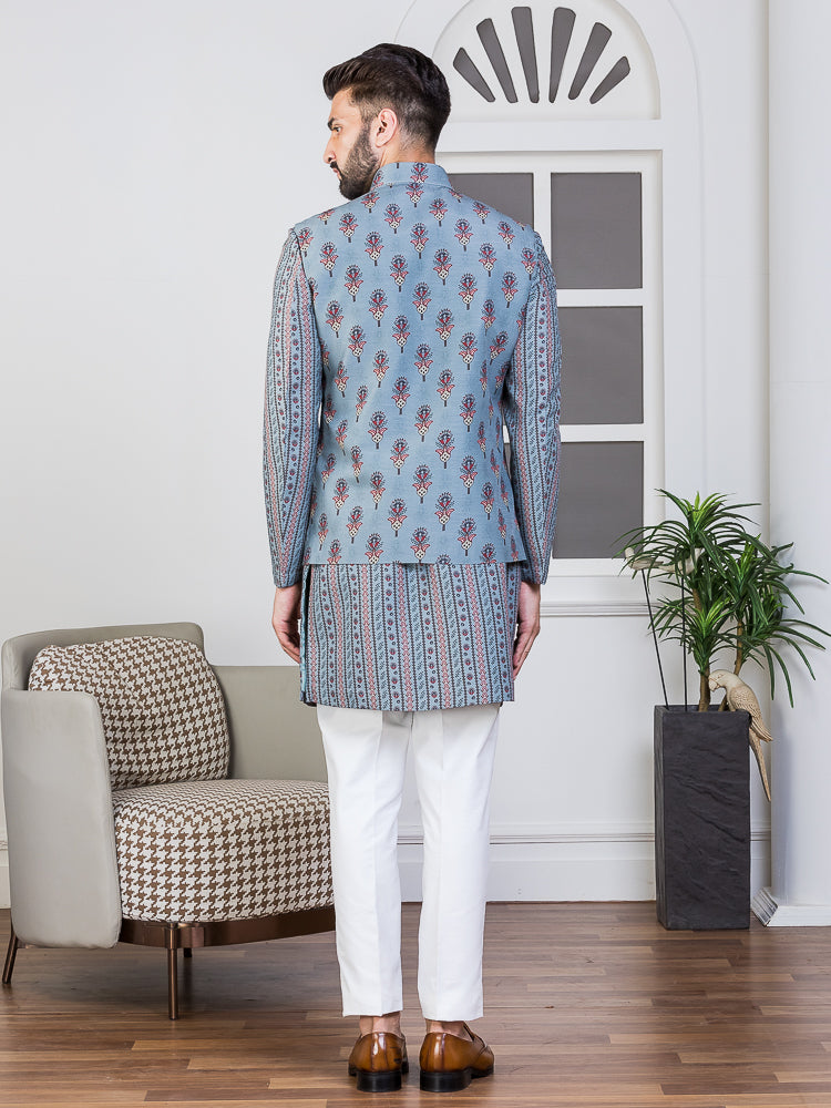 Grey Printed Nehru Jacket Set