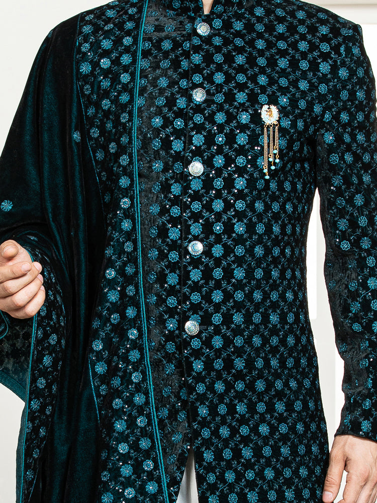 Ferozi Velvet Embroidered Sherwani Set with Dupatta