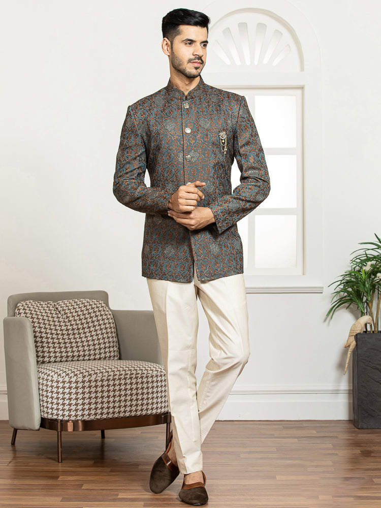 Green Embroidered Bandhgala Set with Formal Trouser