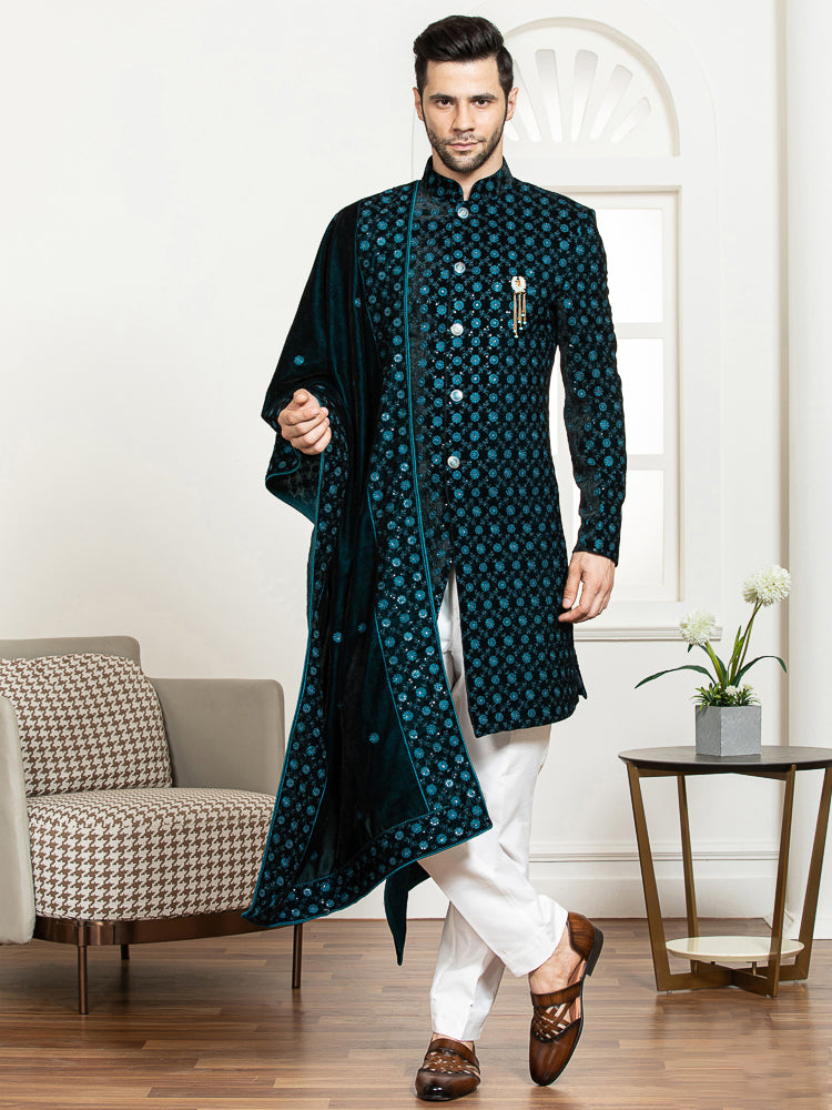 Ferozi Velvet Embroidered Sherwani Set with Dupatta