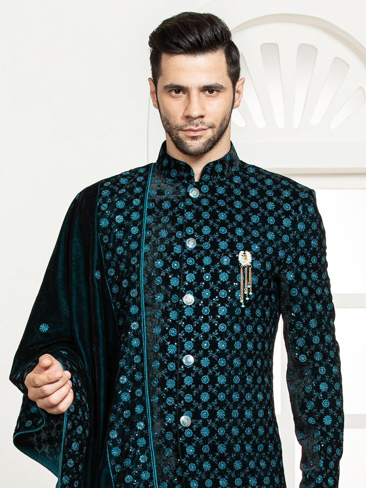 Ferozi Velvet Embroidered Sherwani Set with Dupatta