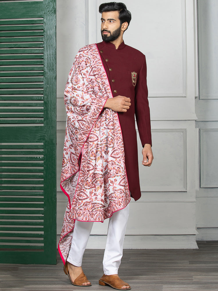 Mehroon Embroidered Sherwani Set with Dupatta