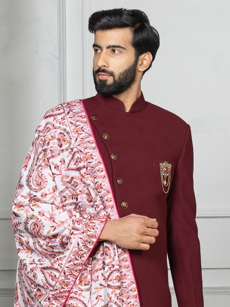 Mehroon Embroidered Sherwani Set with Dupatta