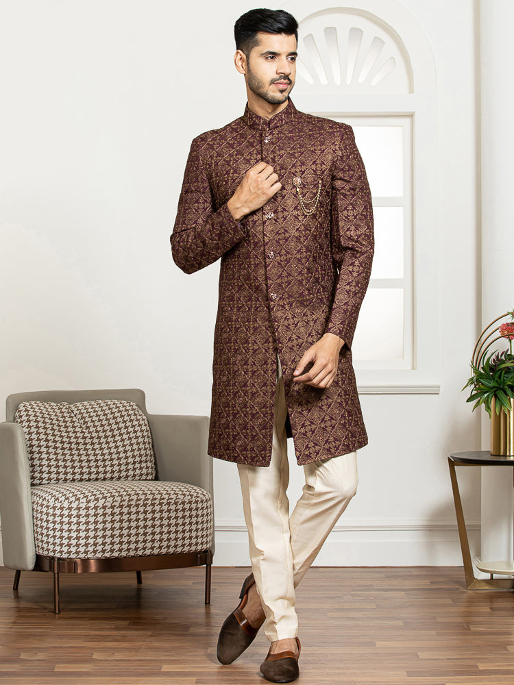 Mauve Embroidered Sherwani Set