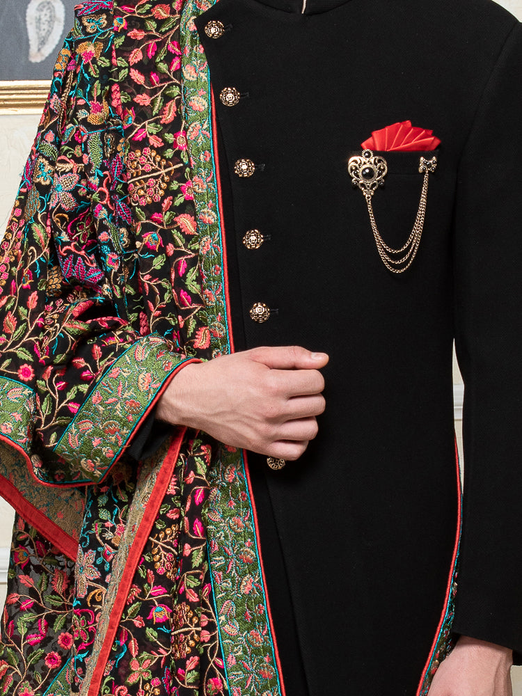 Black Embroidered Sherwani Set with Dupatta