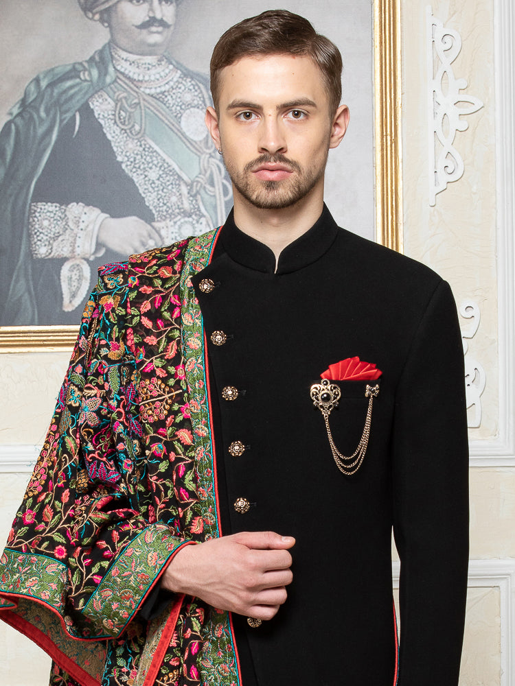 Black Embroidered Sherwani Set with Dupatta