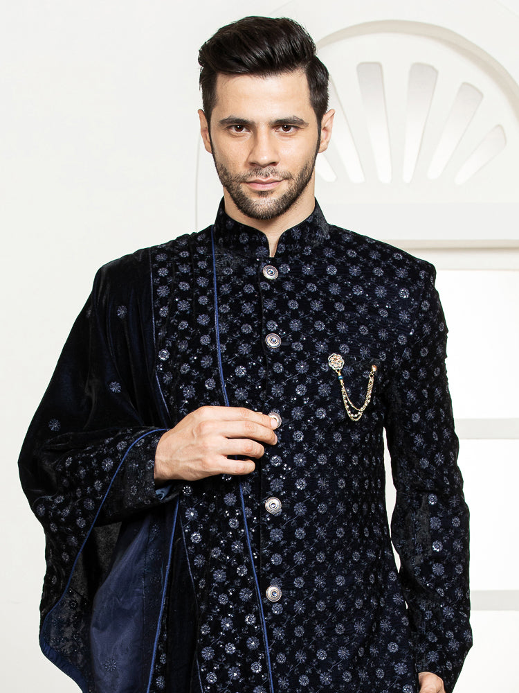 Navy Velvet Embroidered Sherwani Set with Dupatta