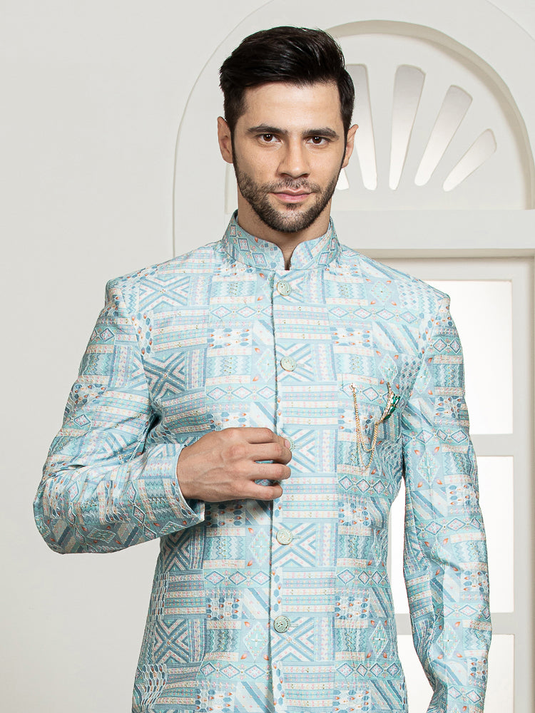 Sky Sherwani Set with Embroidered Long Jacket