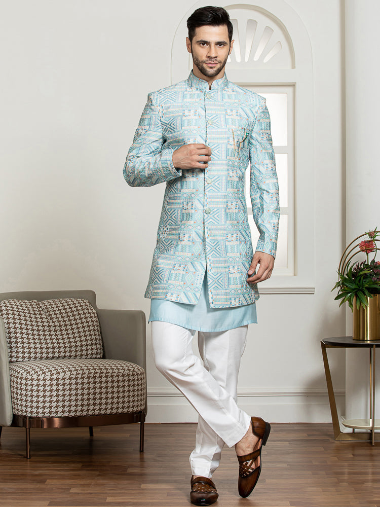 Sky Sherwani Set with Embroidered Long Jacket