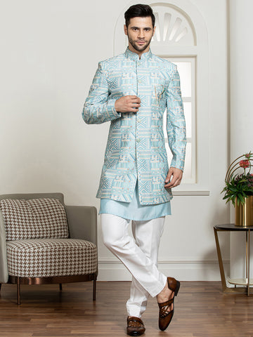 Sky Sherwani Set with Embroidered Long Jacket