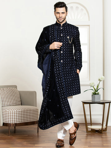 Navy Velvet Embroidered Sherwani Set with Dupatta