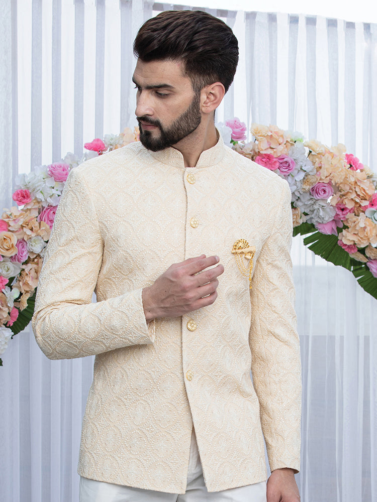 Lemon Embroidered Bandhgala Set with Formal Trouser